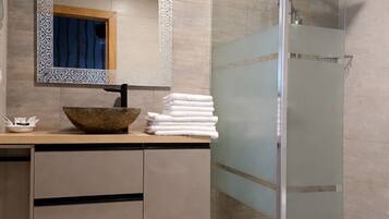 Shower, hair dryer, bidet, towels