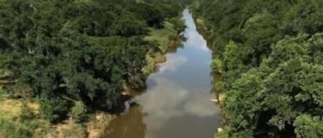 A river flanked by dense green foliage under a clear sky.
