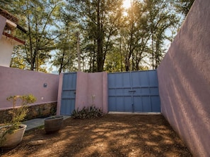 Een omheinde achtertuin met een blauwe poort, omgeven door bomen en een stenen muur.