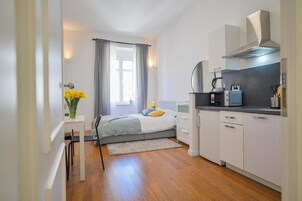 Estudio clásico, vistas a la ciudad | Cortinas opacas, tabla de planchar con plancha, wifi gratis