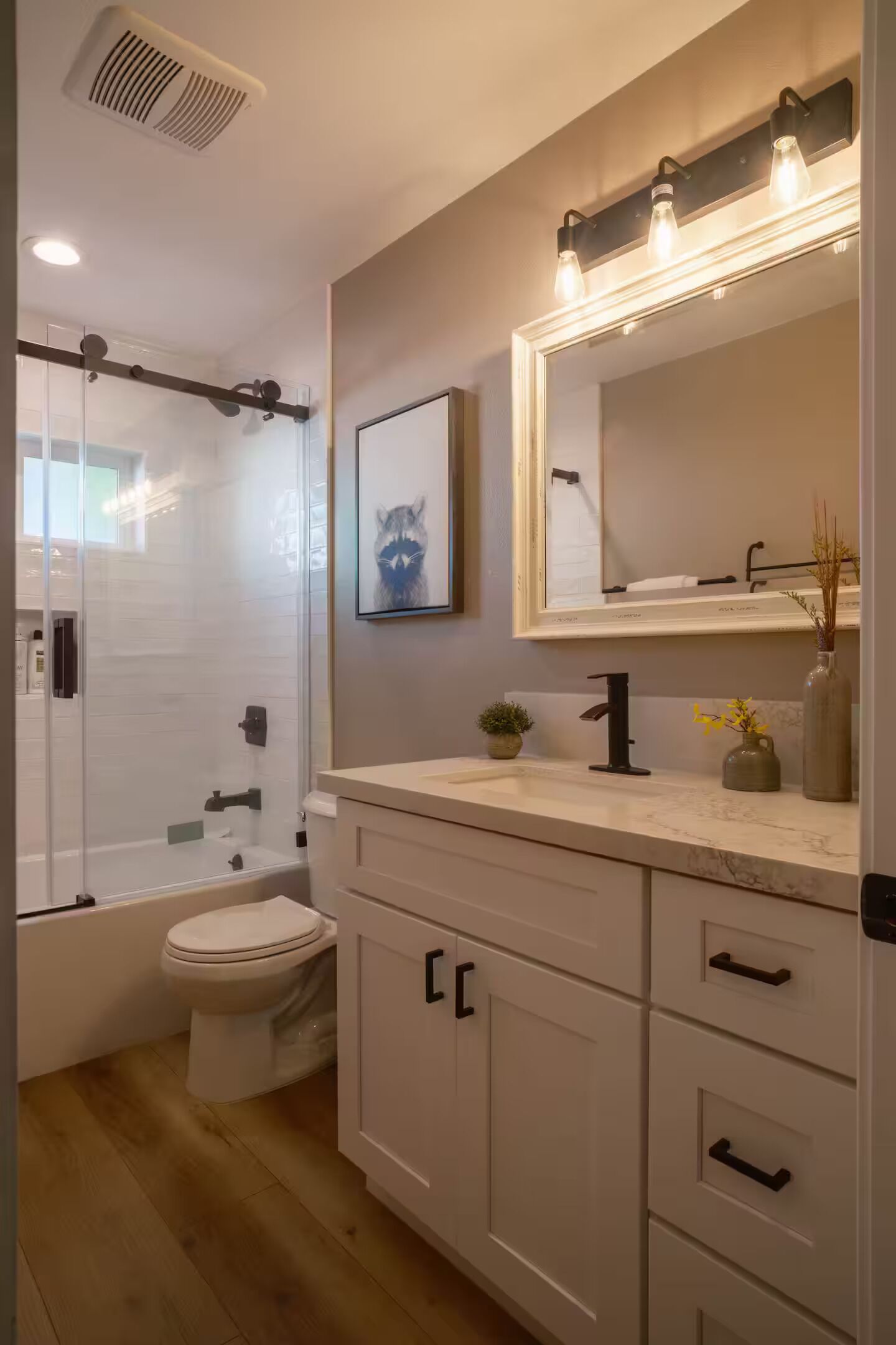 Hair dryer, towels, soap, toilet paper