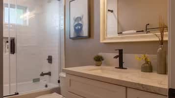 Hair dryer, towels, soap, toilet paper