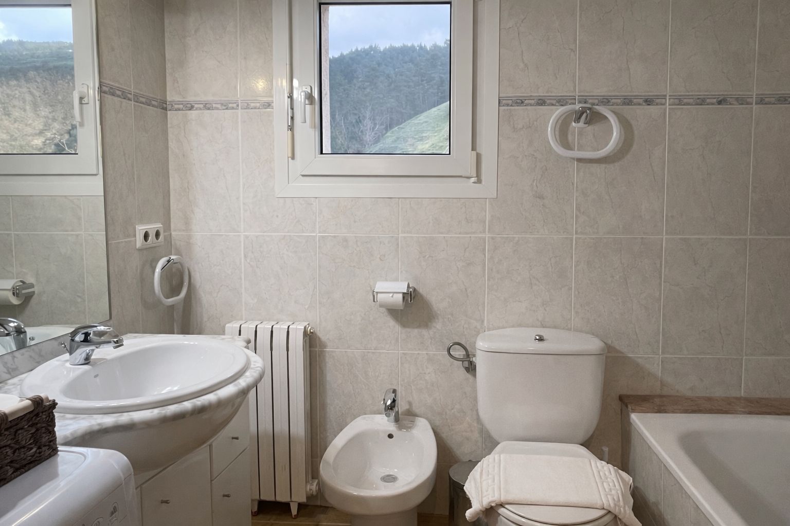 Een haardroger, een bidet, handdoeken, toiletpapier