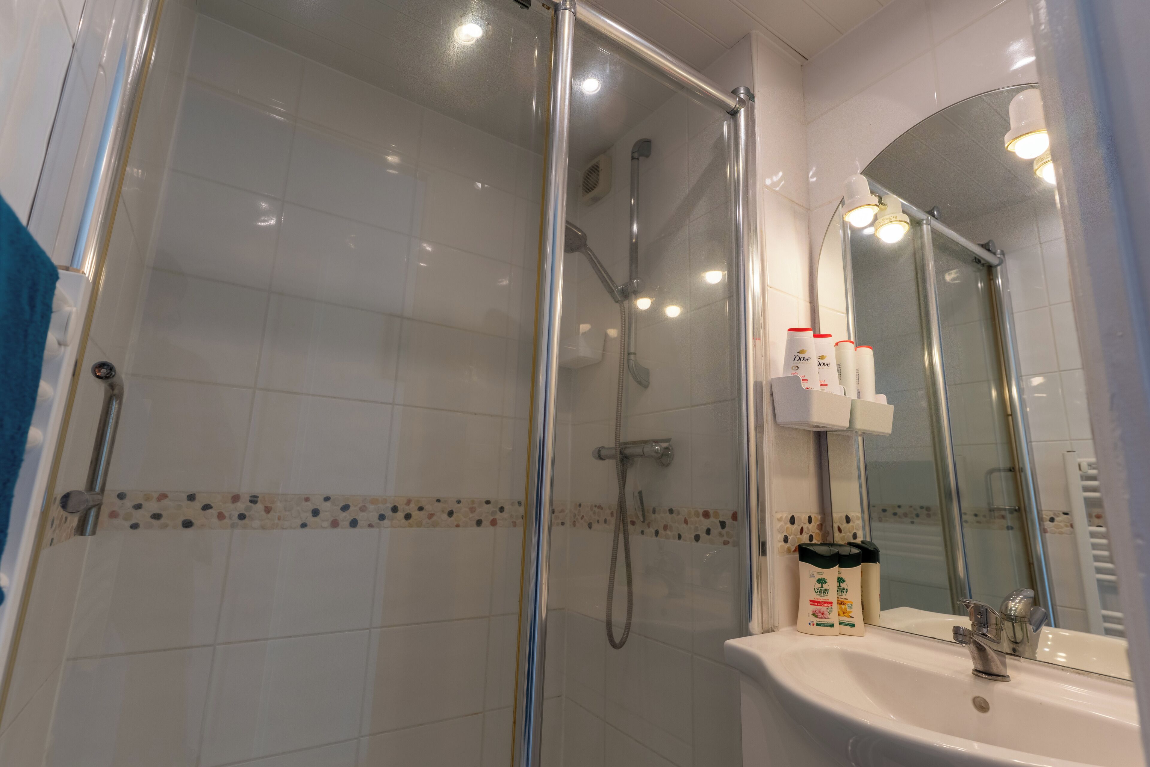 Une salle de bain avec une douche à parois de verre, un lavabo blanc et un miroir au-dessus du lavabo.