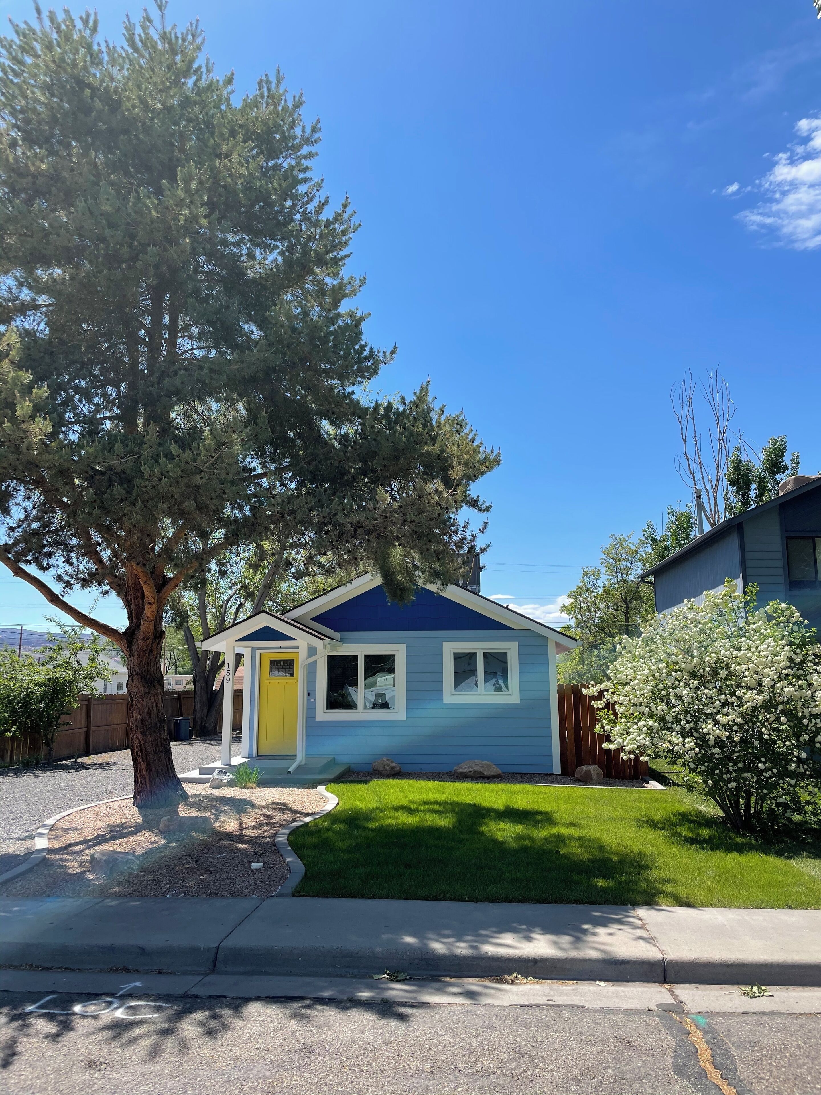 A single-story house with a blue exterior and a yellow front door, surrounded by a well-maintained lawn and a large tree.