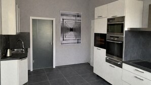 Eine moderne Küche mit eingebautem Backofen, Spüle und einer Tür mit geometrischem Spiegelmuster.