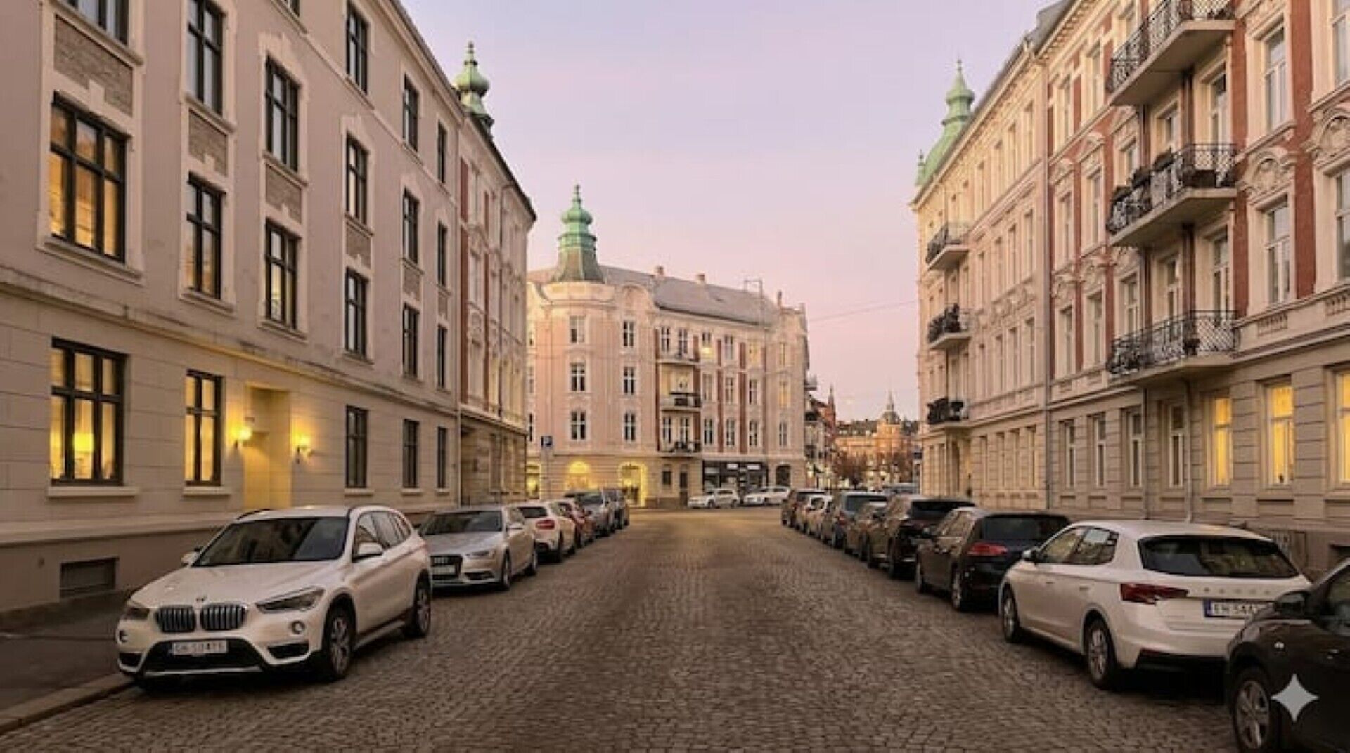 Eine gepflasterte Straße gesäumt von parkenden Autos und historischen Gebäuden mit grünen Kuppeln.