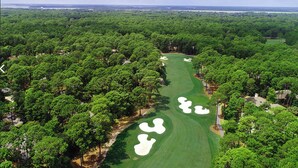 Une vue aérienne d’un terrain de golf entouré d’une forêt dense.