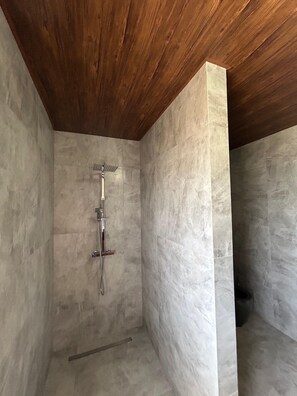 Shower, towels, soap, toilet paper