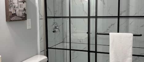 Hair dryer, towels, soap, toilet paper
