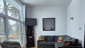 Un salon avec un canapé gris, un fauteuil gris, une petite table en bois, un téléviseur à écran plat posé sur un meuble et une grande fenêtre donnant sur des arbres.