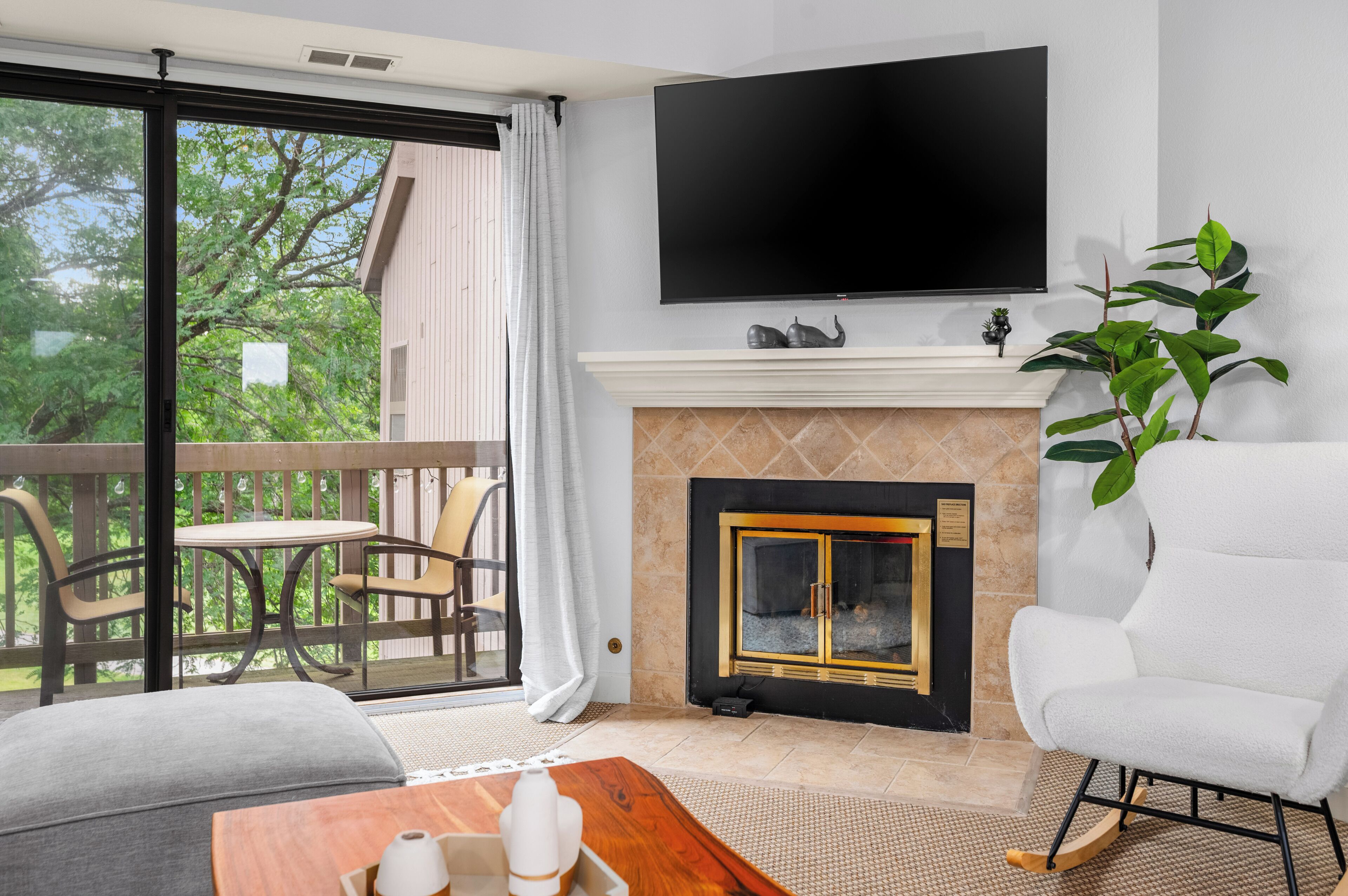 Smart TV, chimenea, libros y estéreo 
