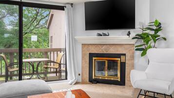 Smart TV, chimenea, libros y estéreo