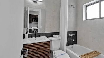 Hair dryer, towels, soap, toilet paper