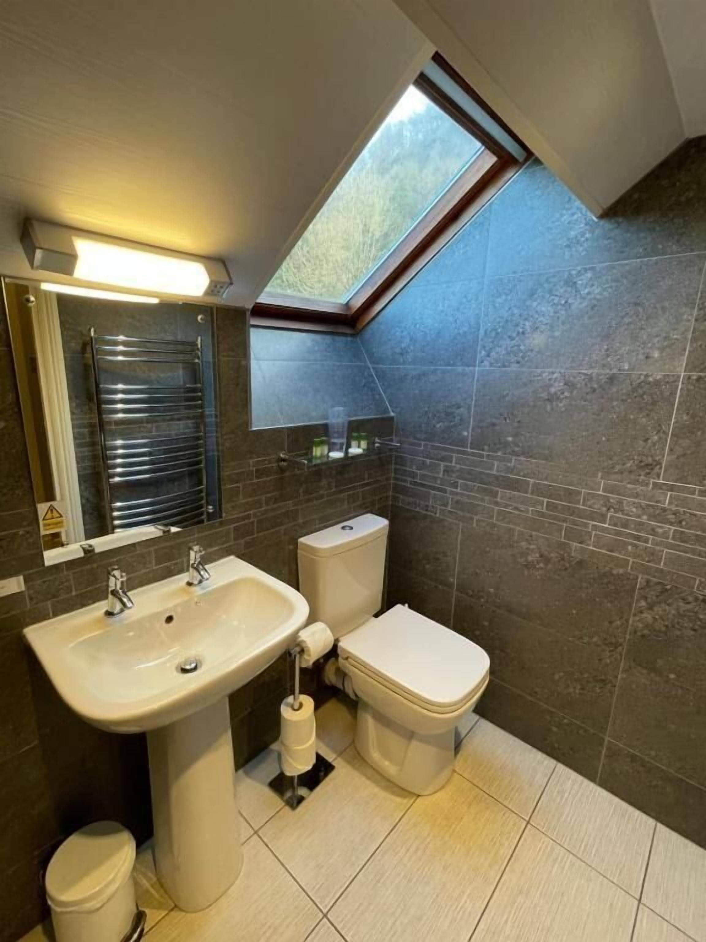 Un bagno con finestra a lucernario, lavandino, water e specchio.
