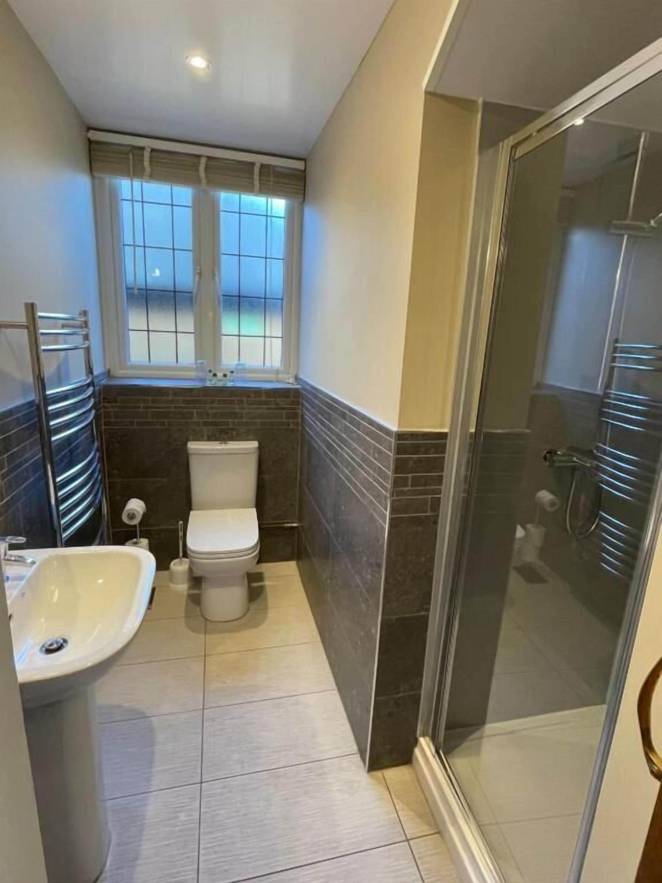 A bathroom with a toilet, sink, and glass shower enclosure.
