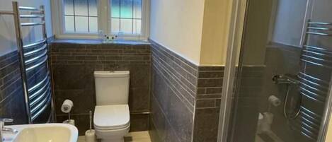 A bathroom with a toilet, sink, and glass shower enclosure.