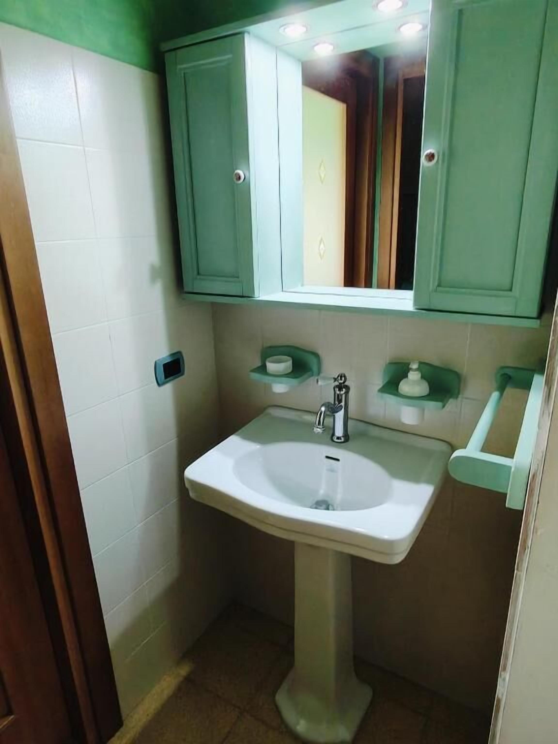A bathroom with a white sink, green cabinets, and a mirror above the sink.