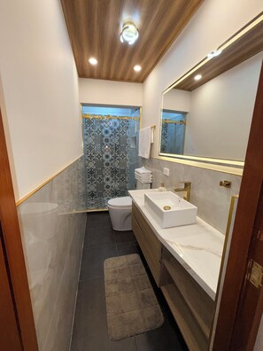 Douche, sèche-cheveux, serviettes fournies, savon