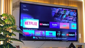 Televisor de pantalla plana montado en una pared con panel de madera, mostrando la interfaz de Netflix.