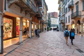 Una calle peatonal con comercios e inmuebles, destacando un camino adoquinado y arquitectura clásica.