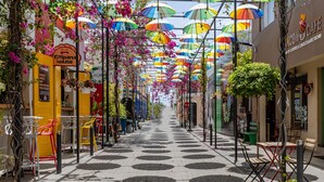 Eine Straße gesäumt von bunten Regenschirmen, ein Restaurant namens "Empana House" und ein Café namens "Lincoln Café".