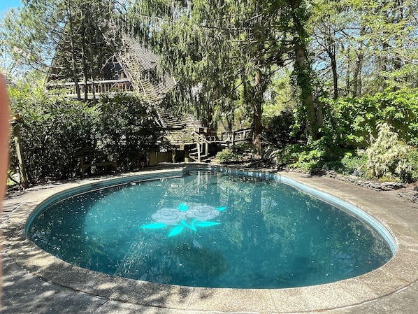 Una piscina circular con un centro azul cristalino, rodeada por una solana de piedra.