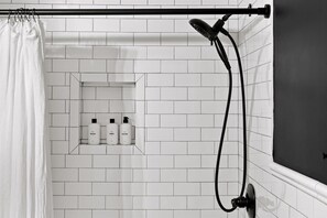 Hair dryer, towels, soap, toilet paper