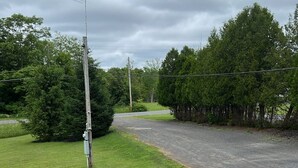 A barbecue grill with a control panel, a metal fence, and a grassy area with trees and a road in the background.
