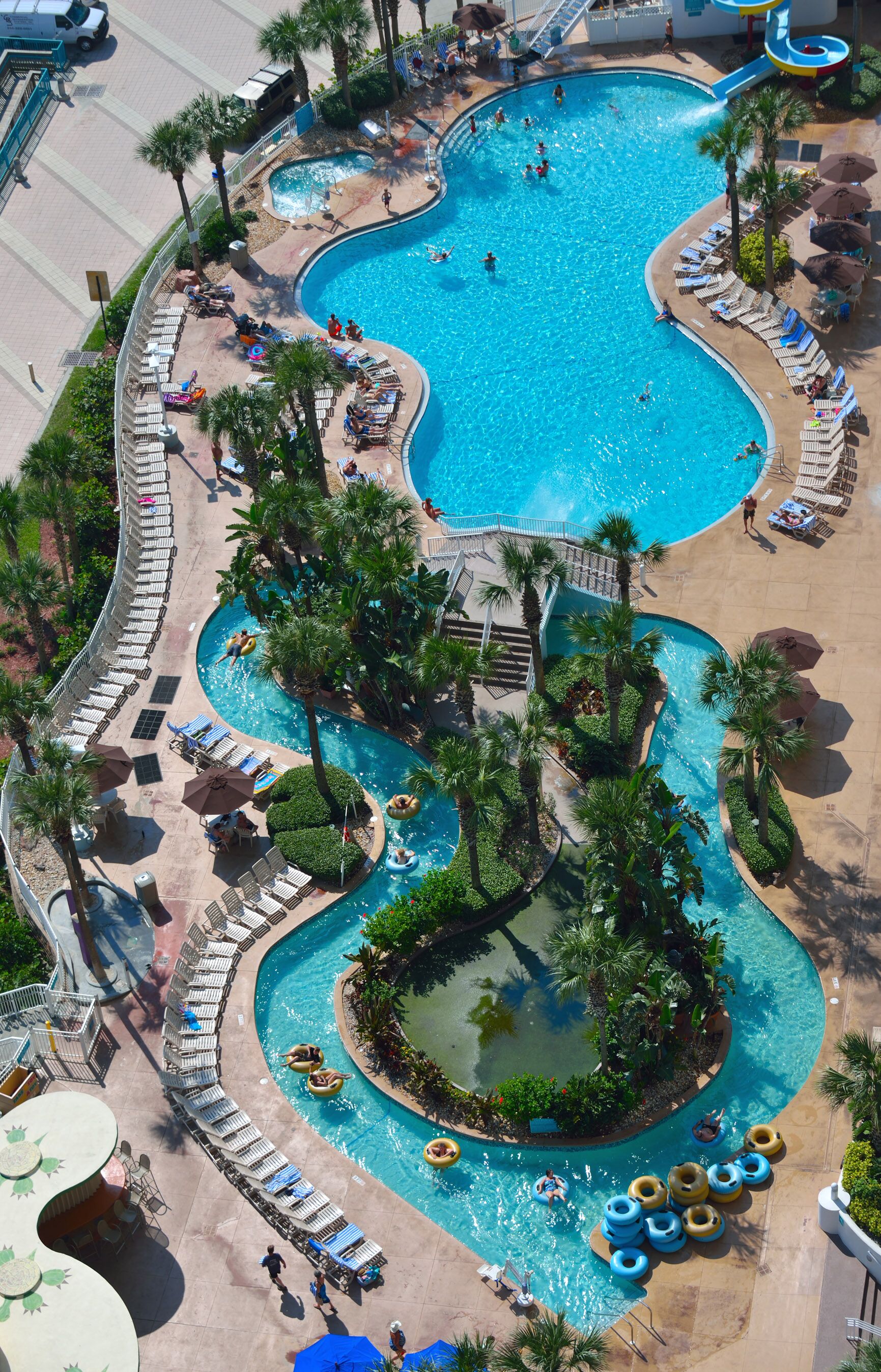 A large, winding pool with multiple sections, surrounded by palm trees and lounge chairs.