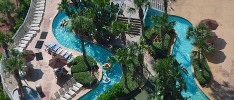 A large, winding pool with multiple sections, surrounded by palm trees and lounge chairs.