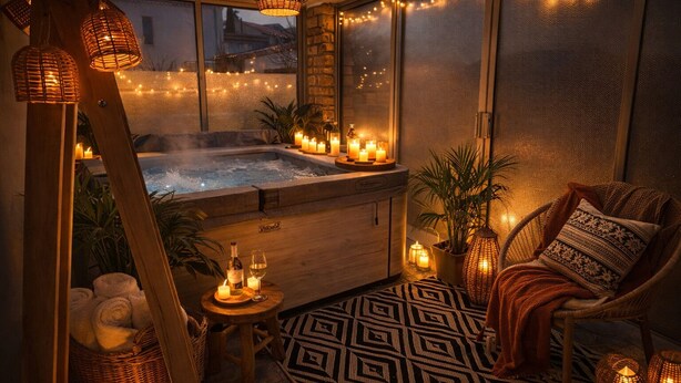 Un espace intérieur chaleureux et accueillant, avec un jacuzzi, des guirlandes lumineuses, des bougies et un fauteuil en osier.