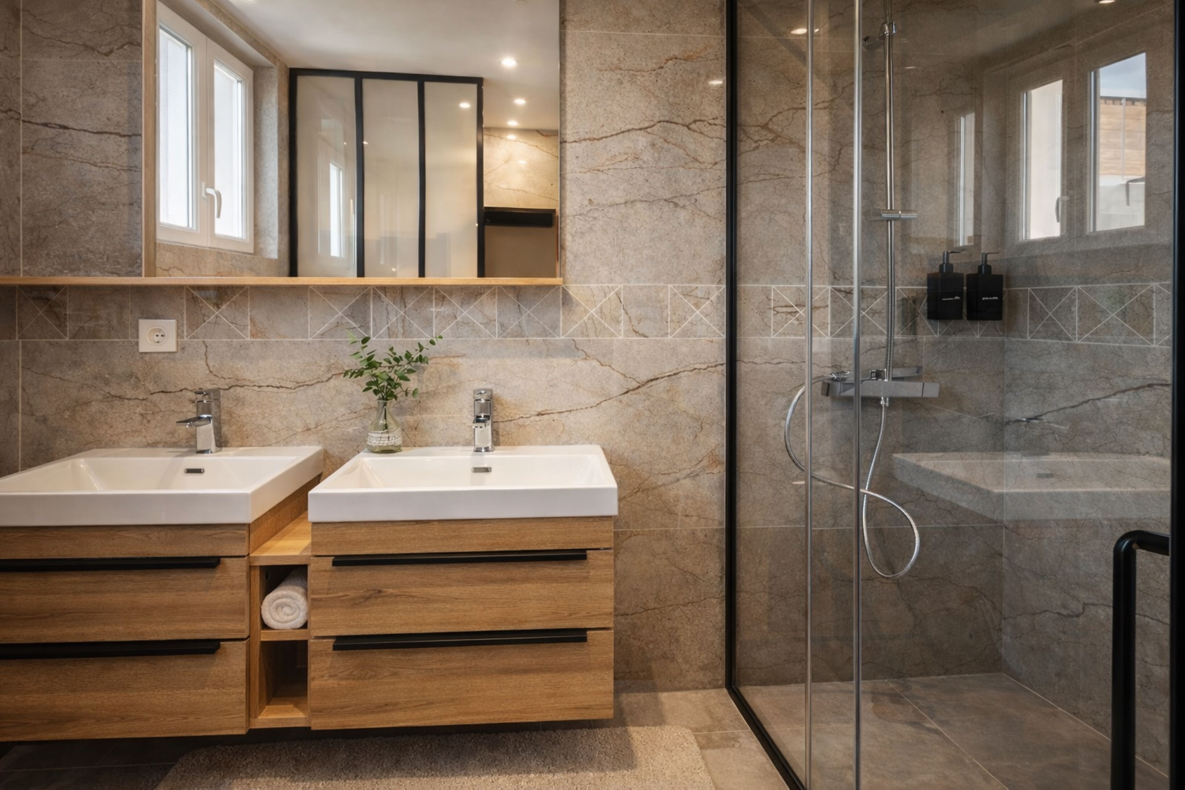 Shower, hair dryer, towels, toilet paper