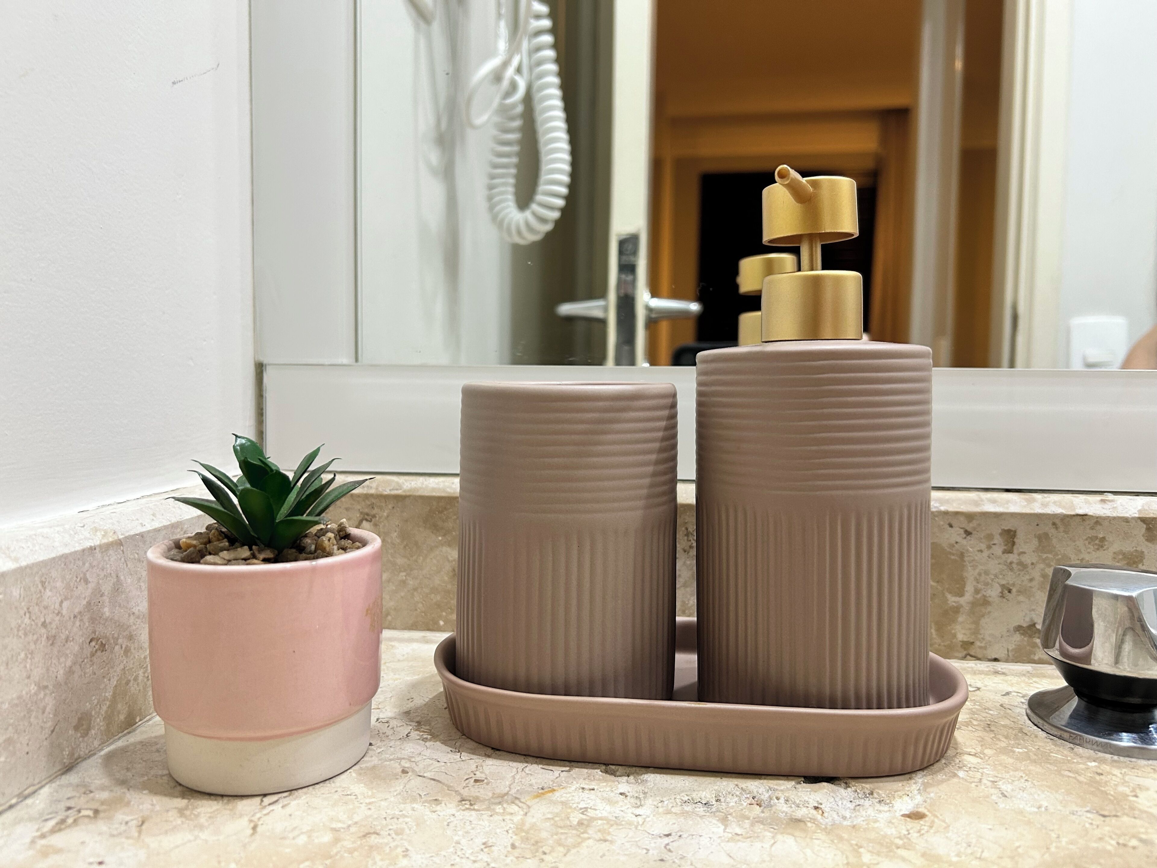A bathroom with a sink, a mirror, and a small potted plant on the countertop.