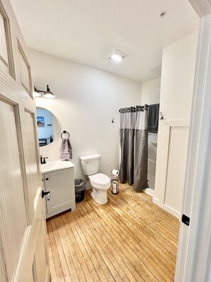 A bathroom with a toilet, sink, mirror, and shower curtain.