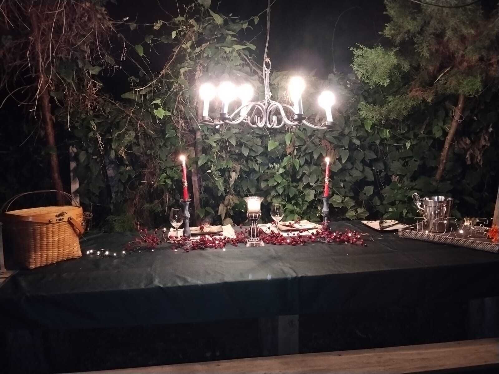 Een buitenterras met een tafel, afgedekt met een donkere doek, omgeven door groen.