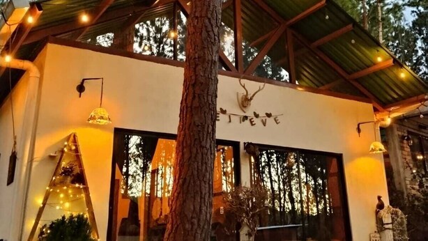 A modern building with a metal roof, a deer head decoration, and a 'Welcome' sign. - LAS AVES (Juayua)