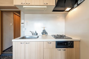 Uma cozinha compacta equipada com pia, torneira, fogão a gás e forno pequeno.