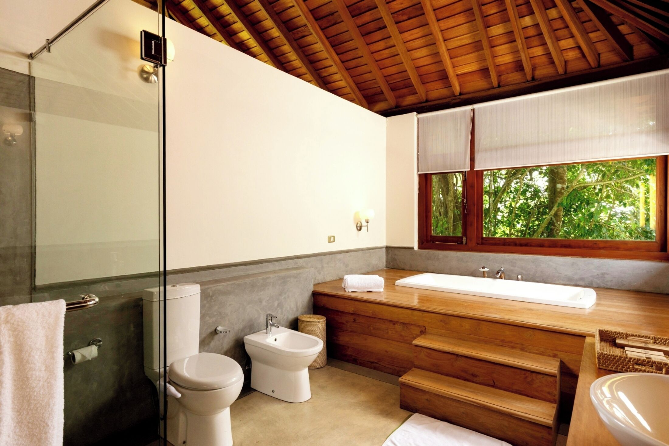 Une salle de bain moderne avec un meuble-lavabo en bois, un bidet, des toilettes et une grande fenêtre donnant sur un paysage verdoyant.