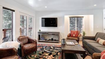 Televisión, chimenea, videoteca