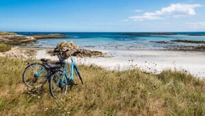 Un vélo est garé sur une pelouse près d’une plage, sous un ciel dégagé.