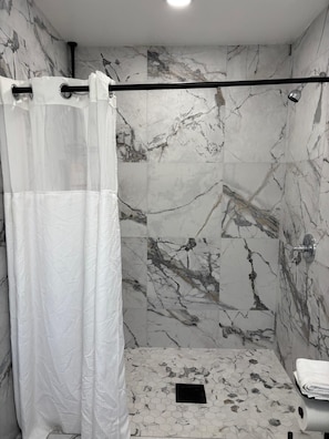 Hair dryer, towels, soap, toilet paper