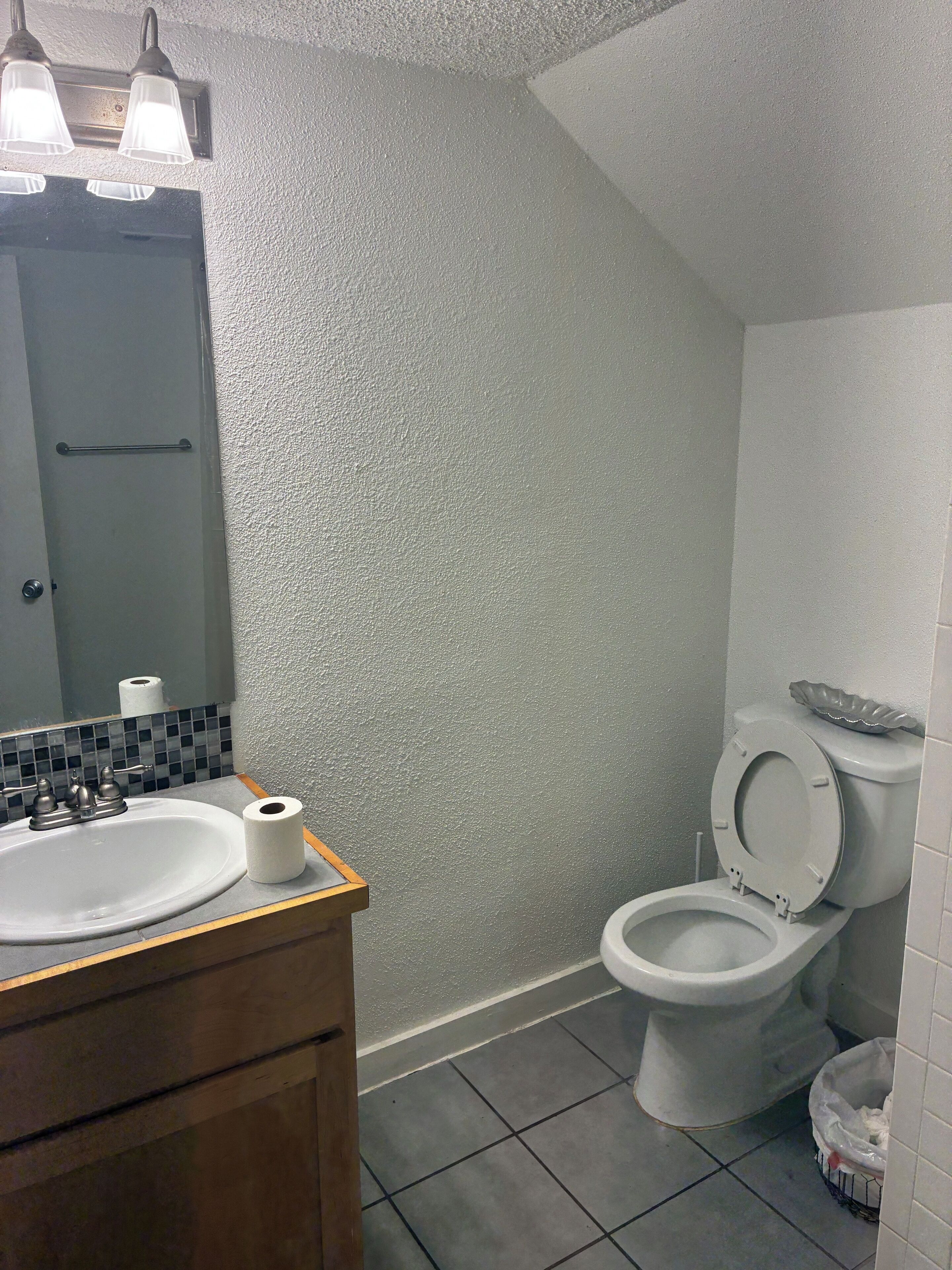A bathroom with a sink, mirror, toilet, and a trash bin.