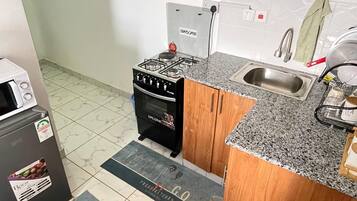 Una cocina compacta con estufa a gas, horno y pileta. Incluye un refrigerador, un microondas y una pequeña mesada.