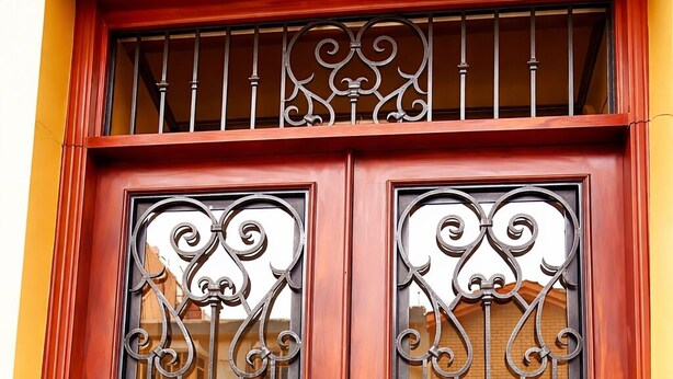 Una puerta doble de madera con detalles de hierro labrado y una cerradura.