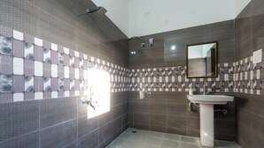 Een badkamer met een betegelde douche, een wastafel en een spiegel.