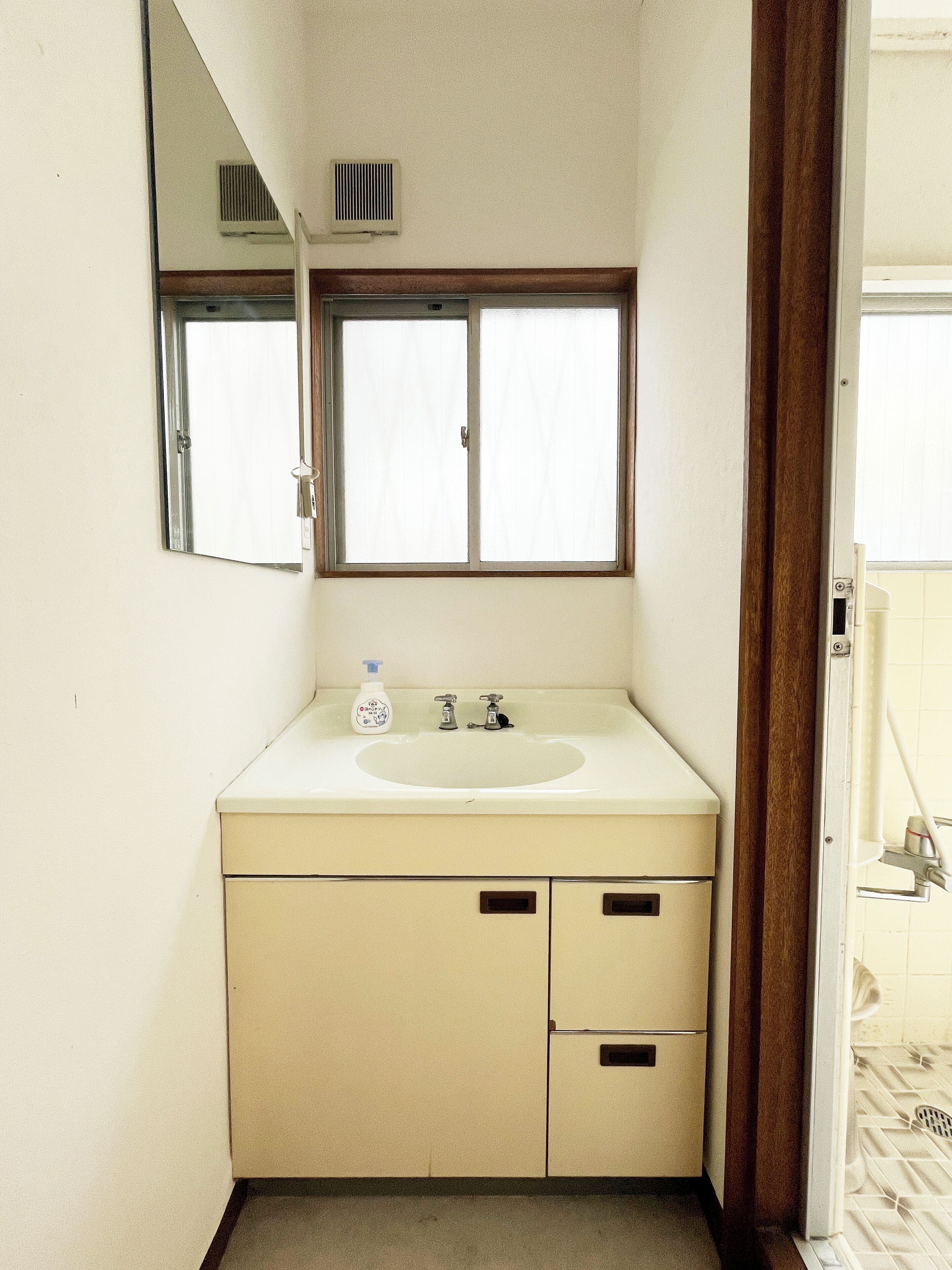 A bathroom with a white sink, two faucets, a mirror above the sink, and a window with blinds. There is a bottle of hand soap on the sink.