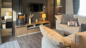 A modern living room with a fireplace, sofa, TV, and a small table with a lamp. - Herdwick Lodge - UK51383 (Brocklebank, near Caldbeck and Uldale)