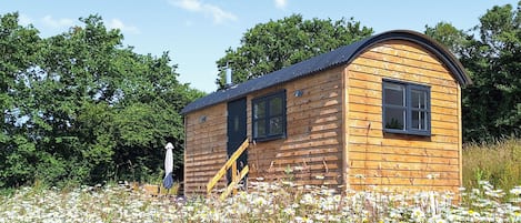 A wooden cabin with a curved roof, two windows, and a small porch with a chair.
