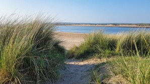 Un sendero bordeando la playa que lleva a un mar tranquilo, con dunas al fondo.